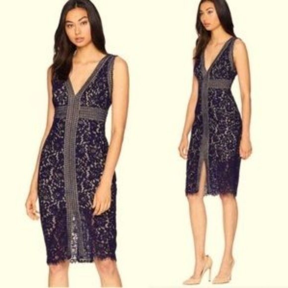 Bardot | Dresses | Bardot Navy Beige Morgan Front Slit Lace Sheath Midi ...